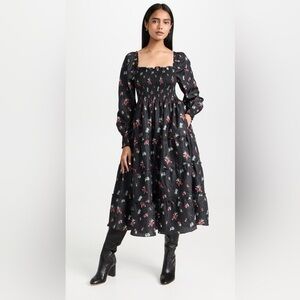 Black Floral Smocked Long-Sleeve Maxi Dress